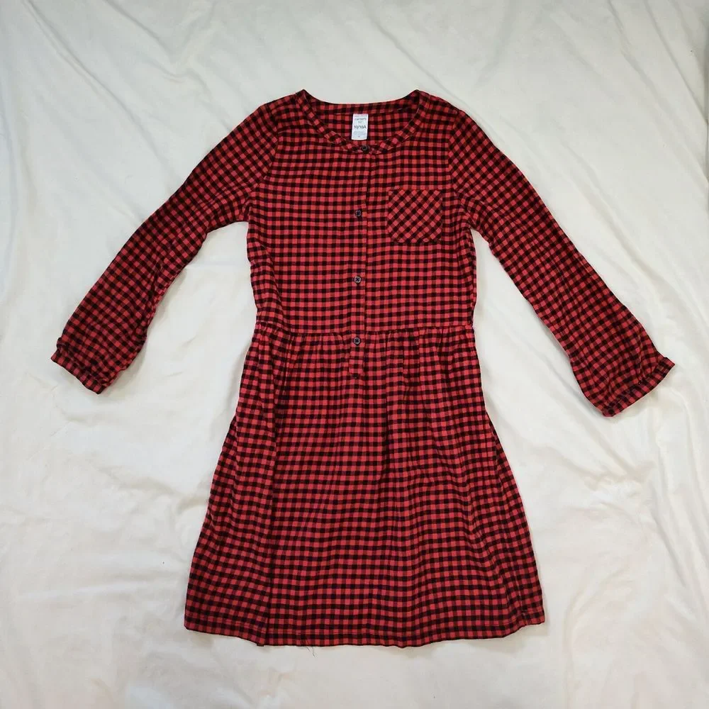 Carter's Kid Plaid Dress Girls 10 Red‎ Black Buffalo Check Long Sleeve Button Up